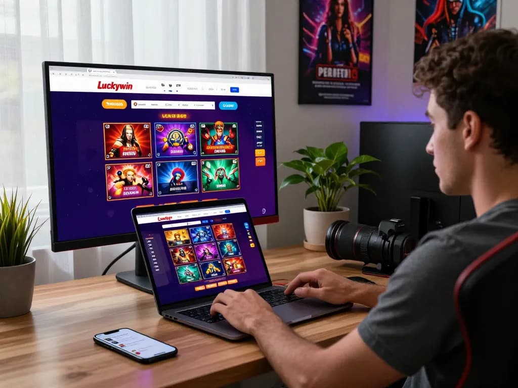 Engaged user interacting with the Luckywin online gambling platform, showcasing vibrant gaming elements in a cozy office.