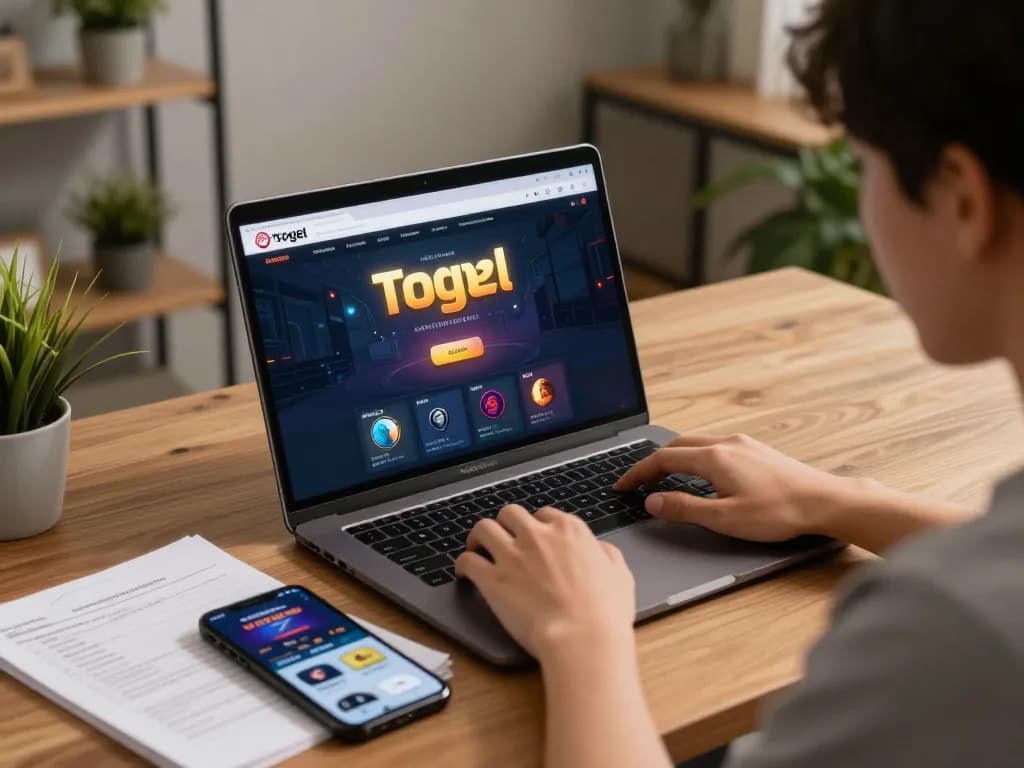 Pemain situs togel menganalisis strategi sambil bermain di laptop di lingkungan rumah yang nyaman.