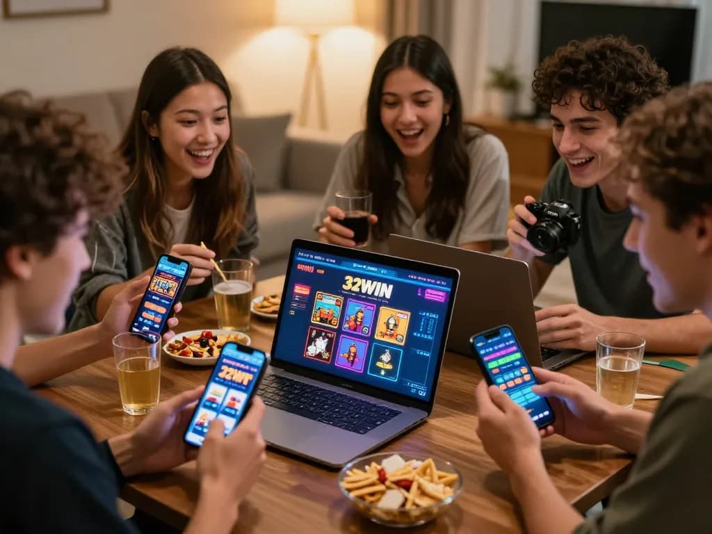 Friends joyfully betting together on 32WIN's platform, showcasing an exciting online gambling atmosphere.
