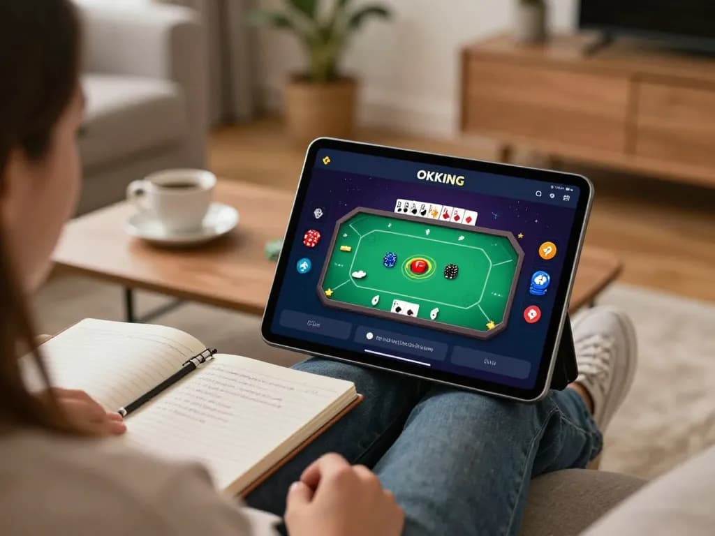 An engaging player enjoying the OKKING app while playing poker in a cozy living room.