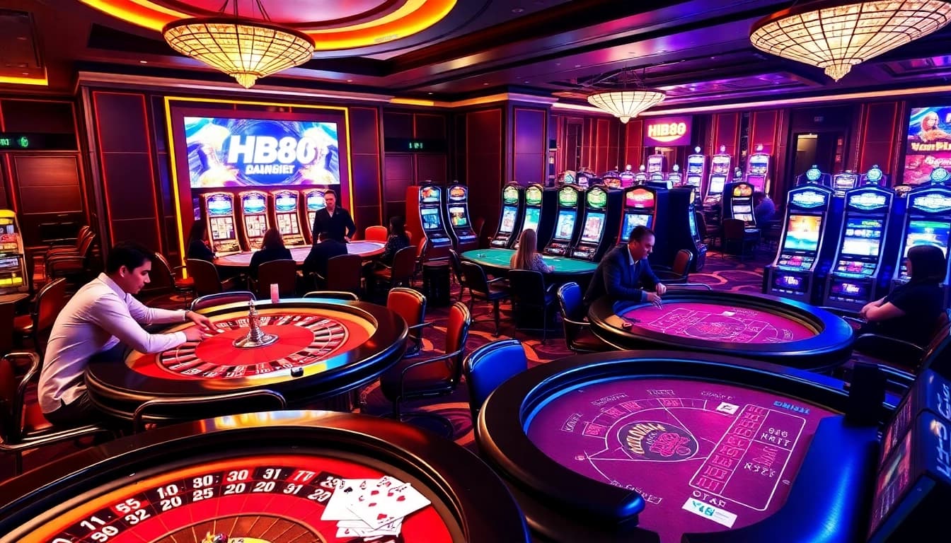 Players enjoying exciting games at the HB88 casino with vibrant tables and slot machines.