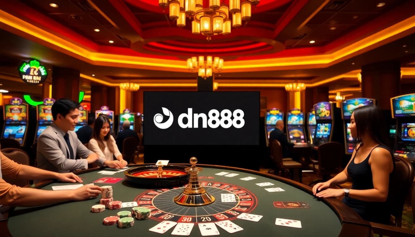 Players enjoying various games at dn88 casino, showcasing vibrant slot machines and poker tables.