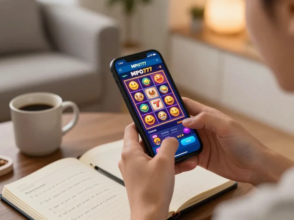 Engaging mobile gaming scene with MPO777 slot gameplay on a smartphone, showcasing vibrant action and strategy