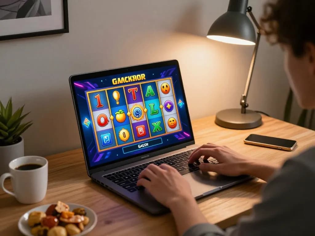 Engaging in slot online gacor gameplay from a cozy home setup with laptop and snacks.