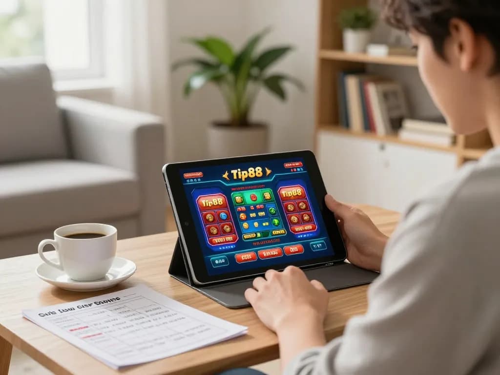 Tip88 online gambler enjoying strategy notes while gaming in comfort.