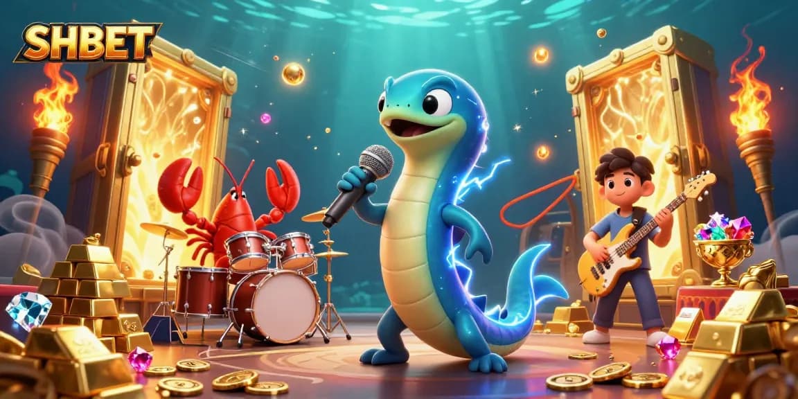Enjoy thrilling SHBET gameplay with electric eel DJ, lobster drummer, and seahorse guitarist