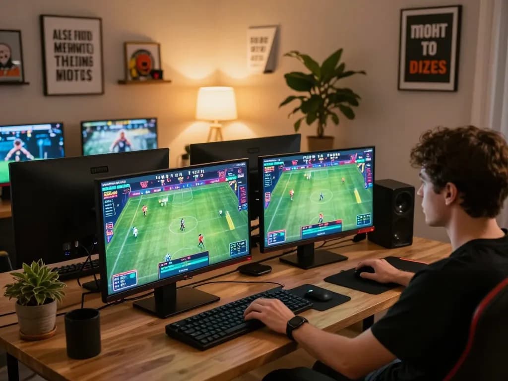 Person engaging in online sports betting with kèo nhà cái 5 displayed on multiple screens in a stylish setup