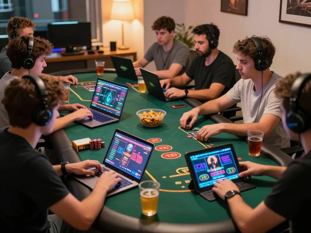 RIK VIP players engaging in an intense online gaming session while enjoying snacks and drinks.