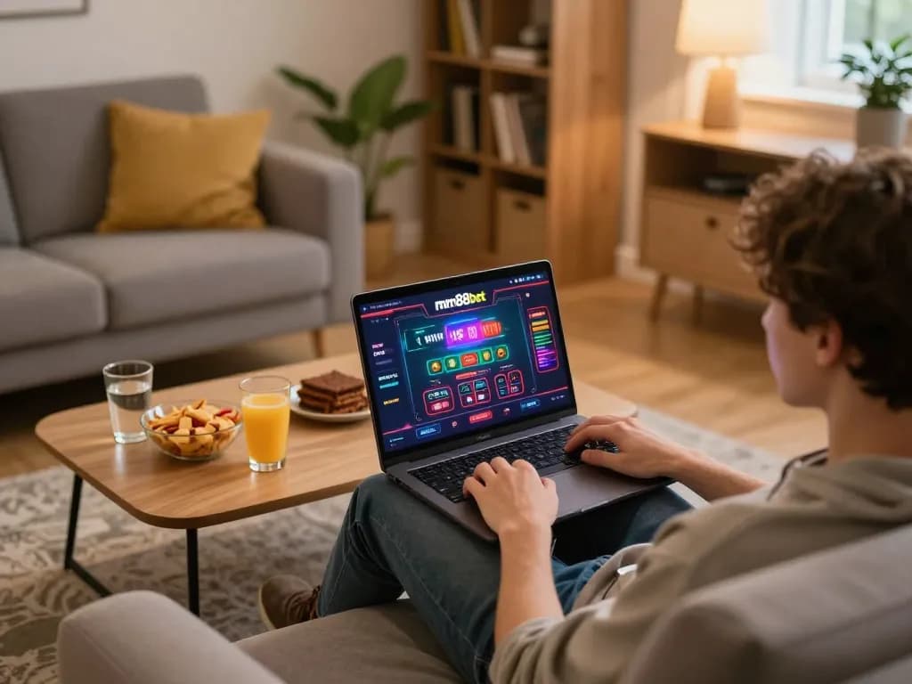 Engaging gameplay on mm88bet online casino interface, inviting home setting with snacks and drinks.