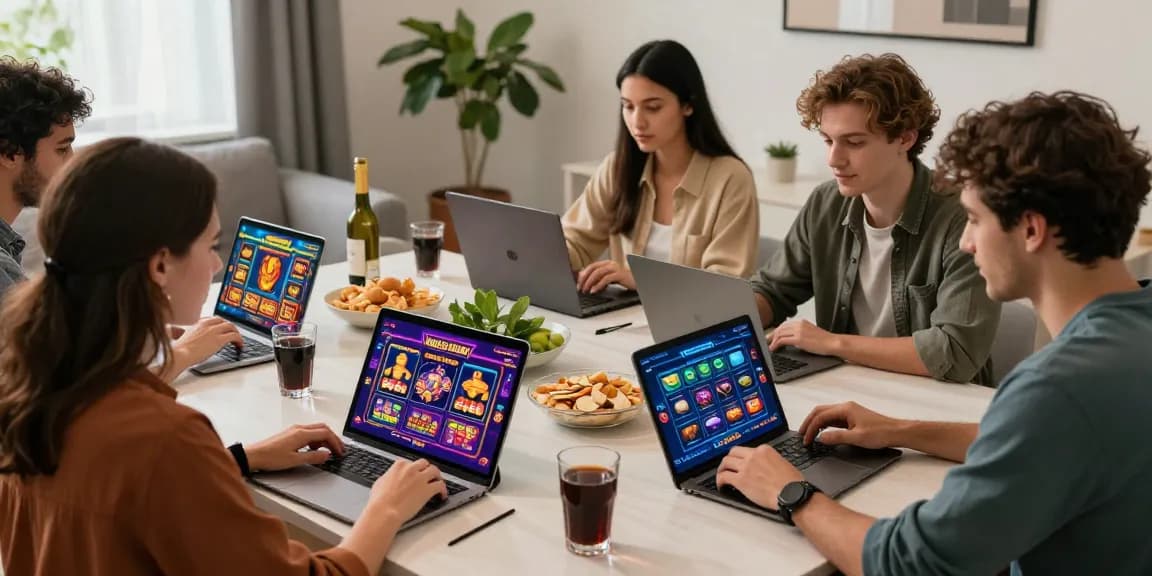 New online casinos UK friends enjoying gaming night with laptops and tablets