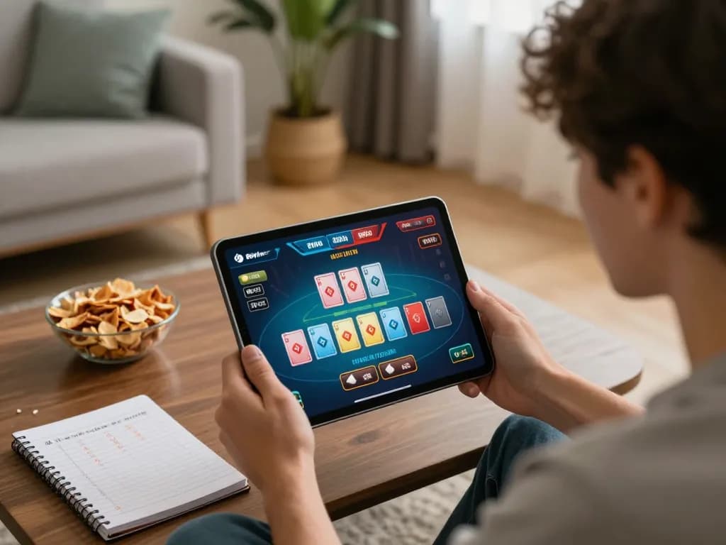 A player strategizing in their cozy living room while enjoying online gaming at 98win com, with cards and betting options visible.