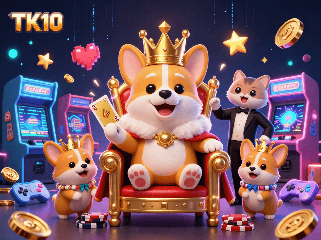 Experience the excitement of winning at TK10 while surrounded by colorful gaming elements and charming characters.