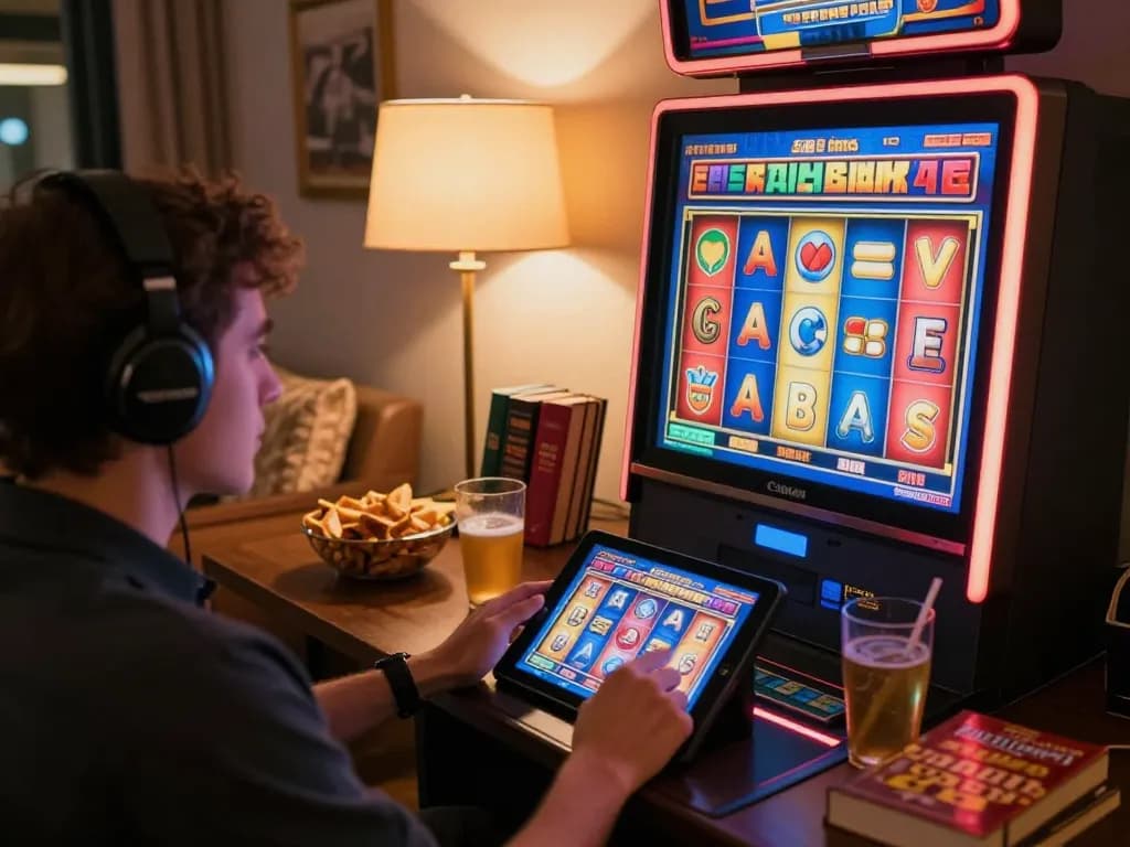 Engaging in a dynamic slot 94 game on a tablet at home, showcasing responsible betting.