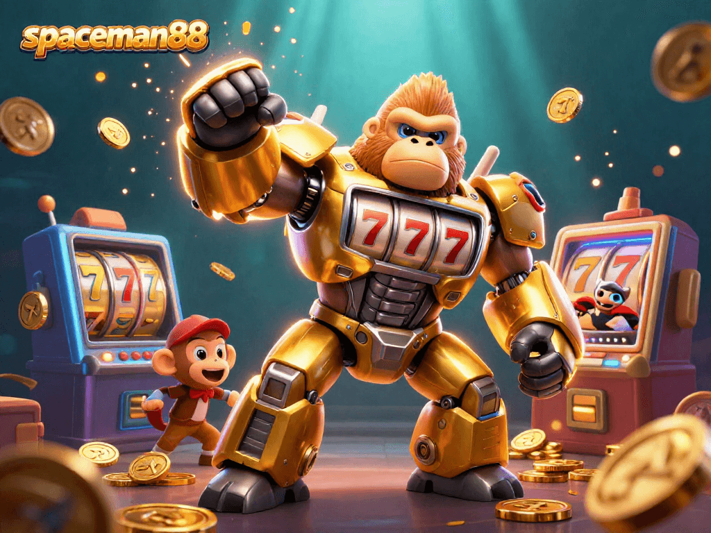 Engage with spaceman88’s dynamic slot adventure, showcasing a golden gorilla mech amidst jackpot reels and coins.