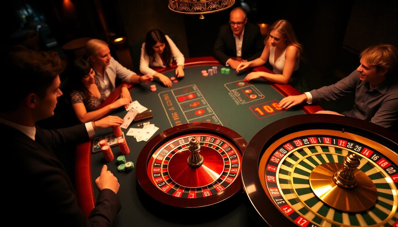 Players strategize at the MB66 gambling table, surrounded by vibrant poker chips and cards.