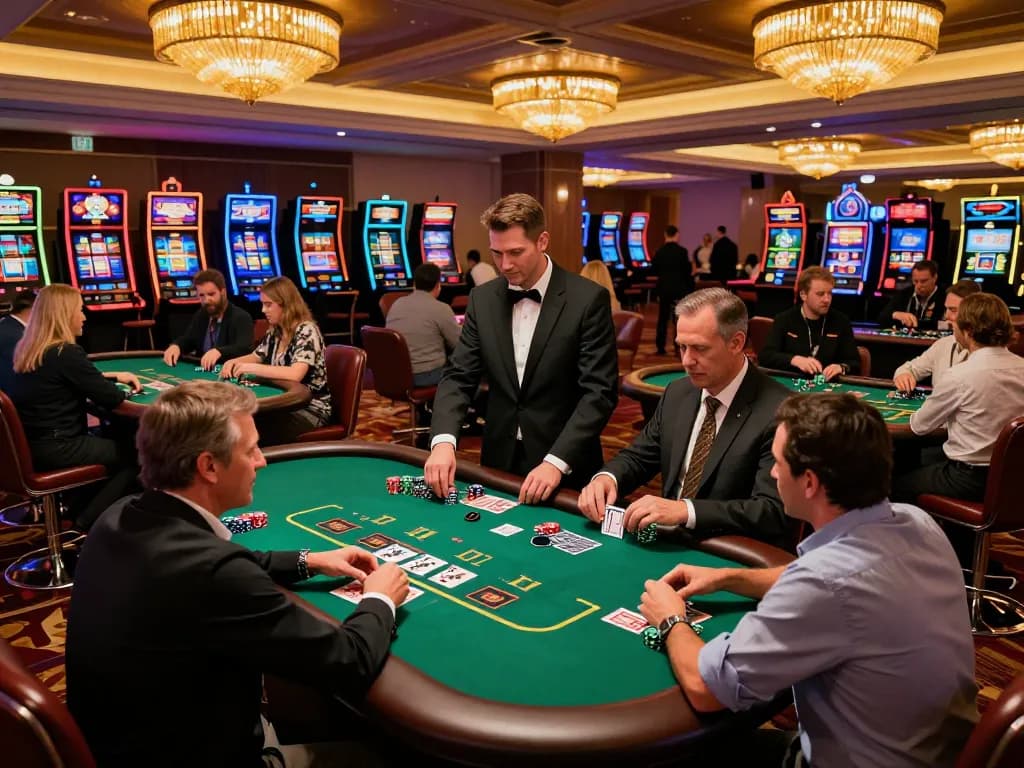 Bet88 players engaged in intense blackjack action at a vibrant casino floor.