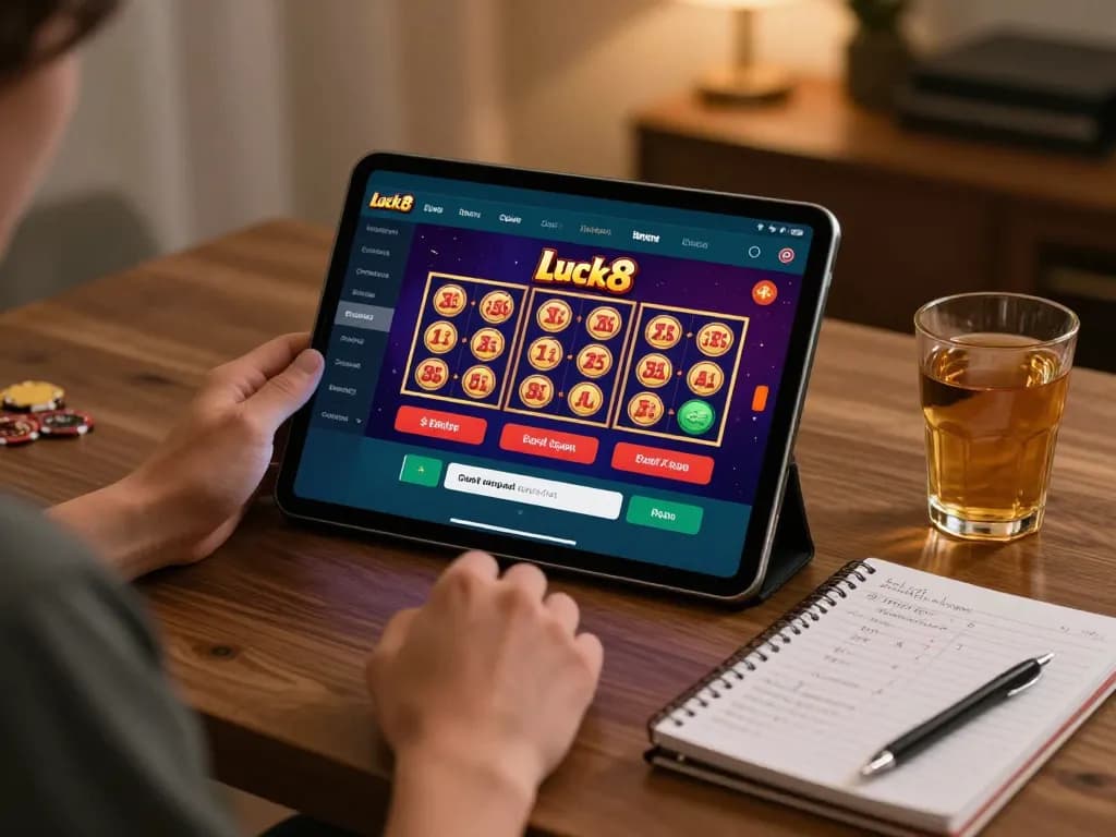 Person enjoying Luck8 casino games on a tablet in a cozy home office setting.