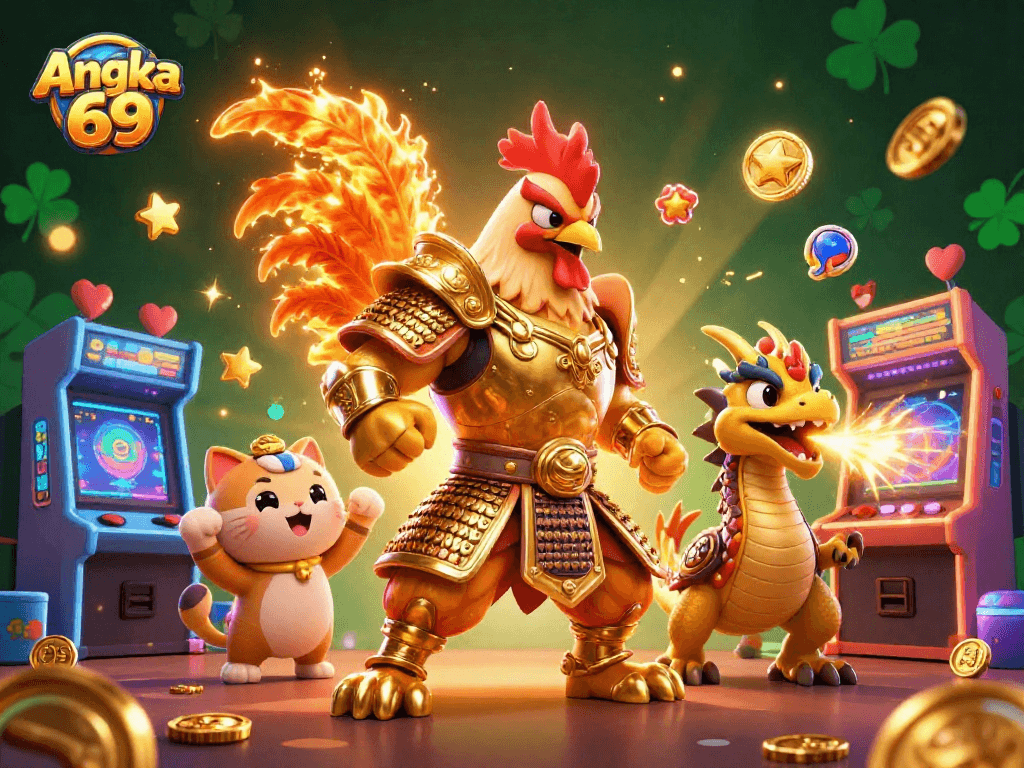 Experience Angka 69's thrilling gameplay with a powerful rooster warrior and dragon amid vibrant casino elements.