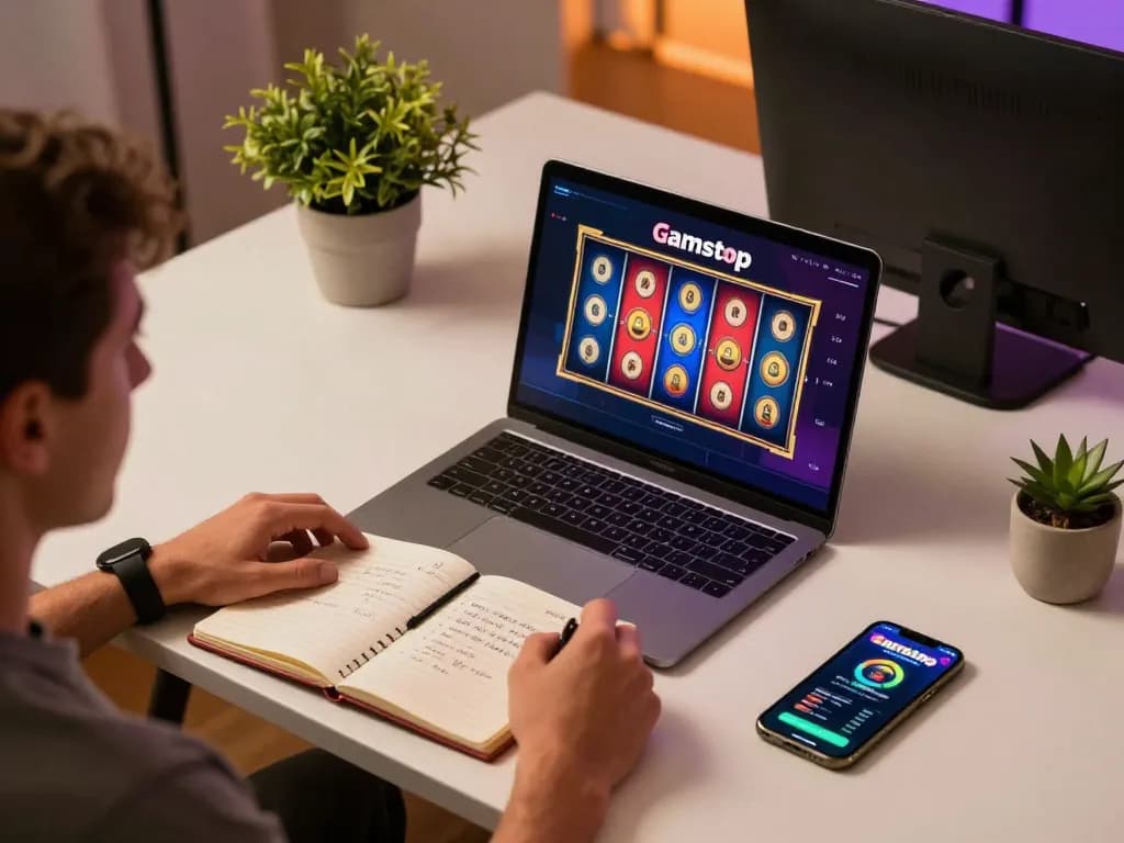 Player enjoying non gamstop casinos on laptop with strategies and betting app, home gaming setup.