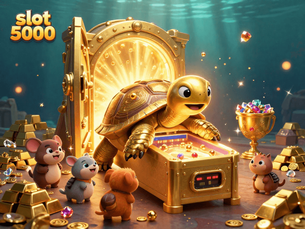 Engage with the excitement of slot 5000, featuring a cheerful tortoise pinball machine and treasures.