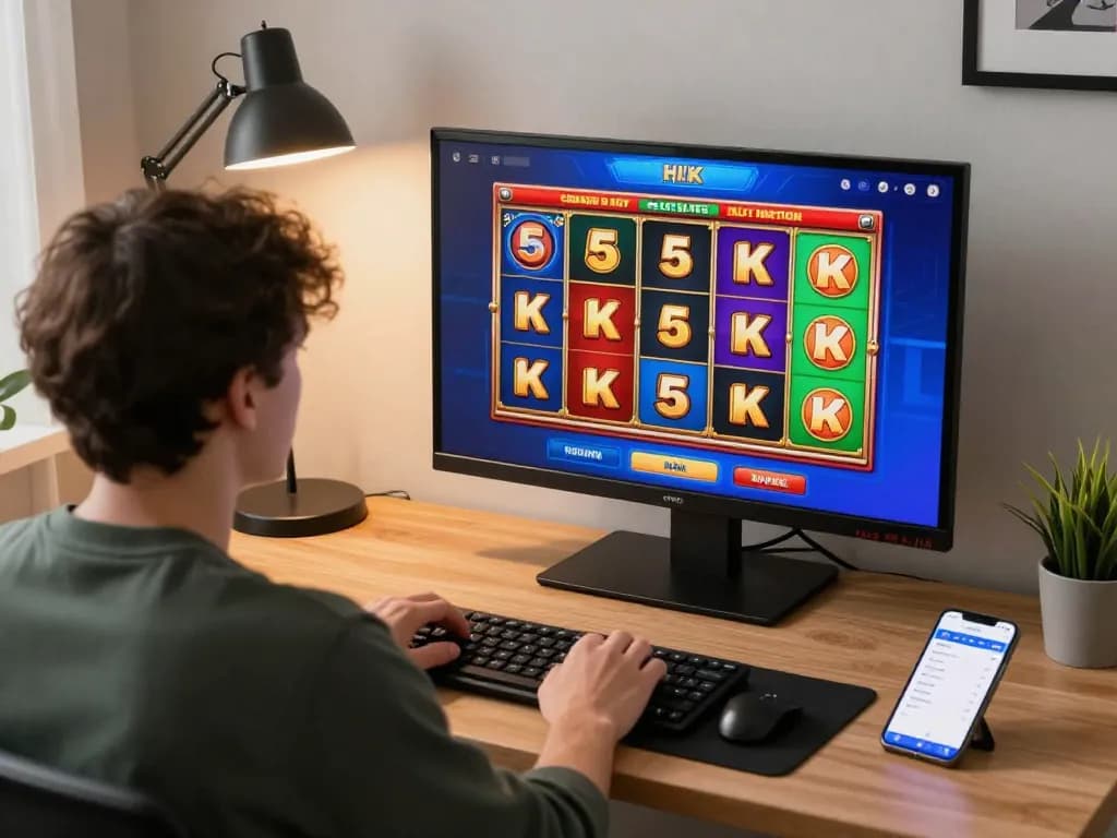 Engaging in strategic online slot 5k gameplay at home, showcasing vibrant gaming interface and responsible betting.