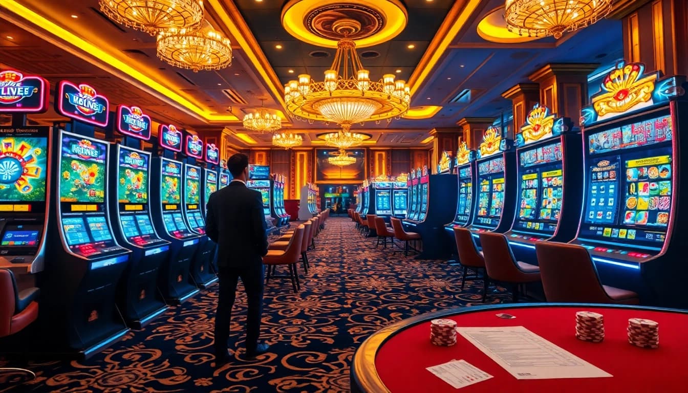 Experience thrilling wins at slot777 machines with vibrant graphics and dynamic lights in this exciting casino scene.