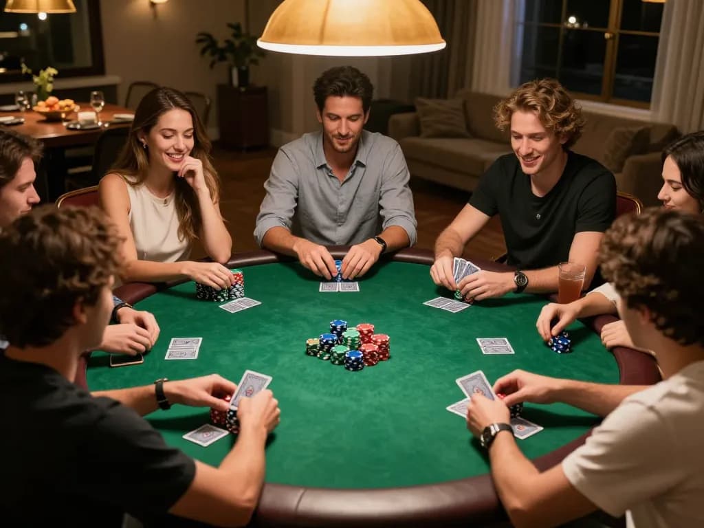 Players enjoy a friendly poker game around the table at home, enhancing their xo88 gaming experience.