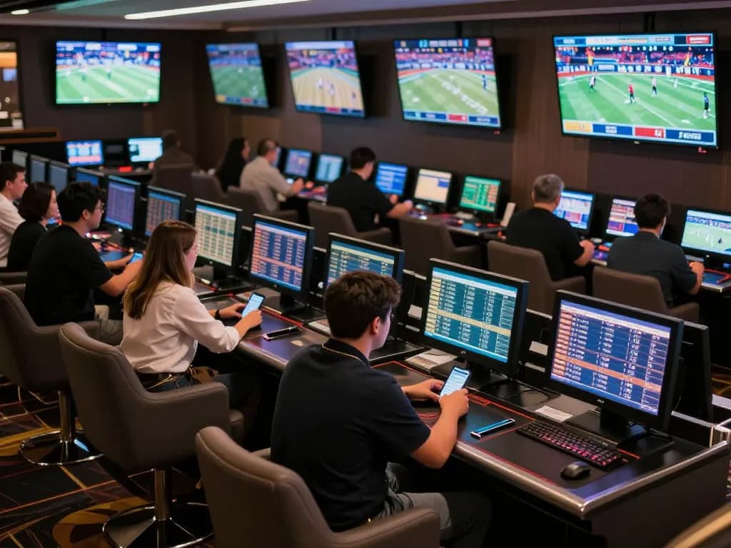 Active sports betting scene at Qh88 chính thức with bettors analyzing odds on mobile devices