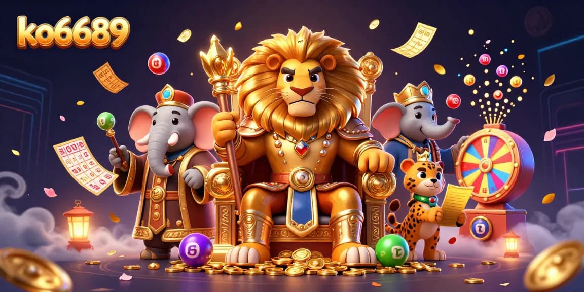 Experience the vibrant world of ko6689 with dynamic gambling action featuring a lion king, elephant advisor, and cheetah messenger.