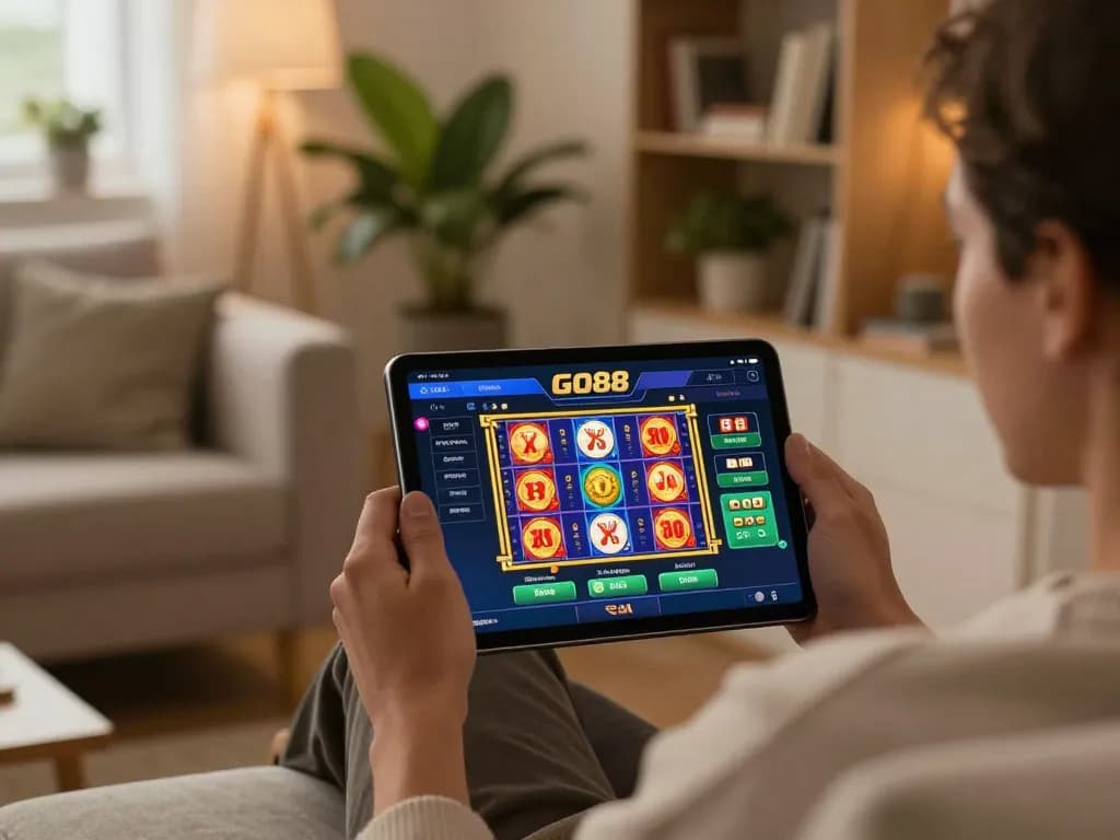 Person engaging with the GO88 app on a tablet in a cozy home environment, showcasing online gambling.