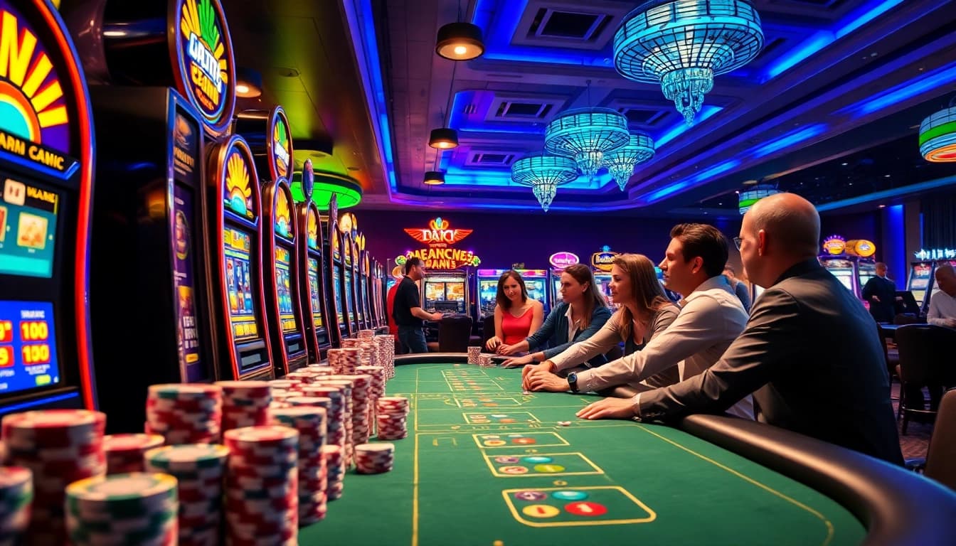 Erlebe spannende casino-spiele de in einem lebhaften Casino mit Spielern.