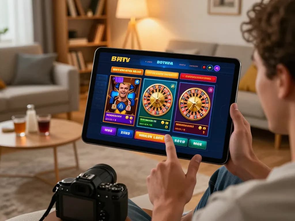 Engaging with the TG88 online casino interface featuring slot machines and roulette while relaxing at home.