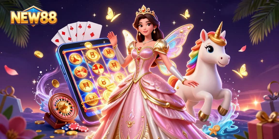 Join NEW88 for exciting slot games and magical features in this vibrant 3D casino scene.