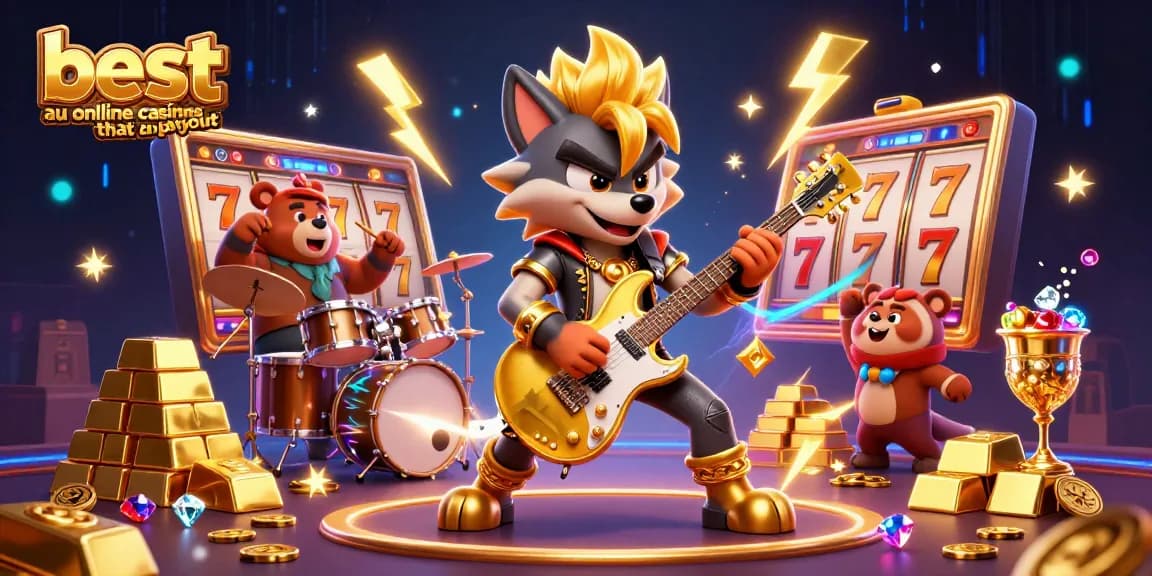 Engaging 3D cartoon illustration of best au online casinos that payout, showcasing a wolf rock star and jackpot elements.
