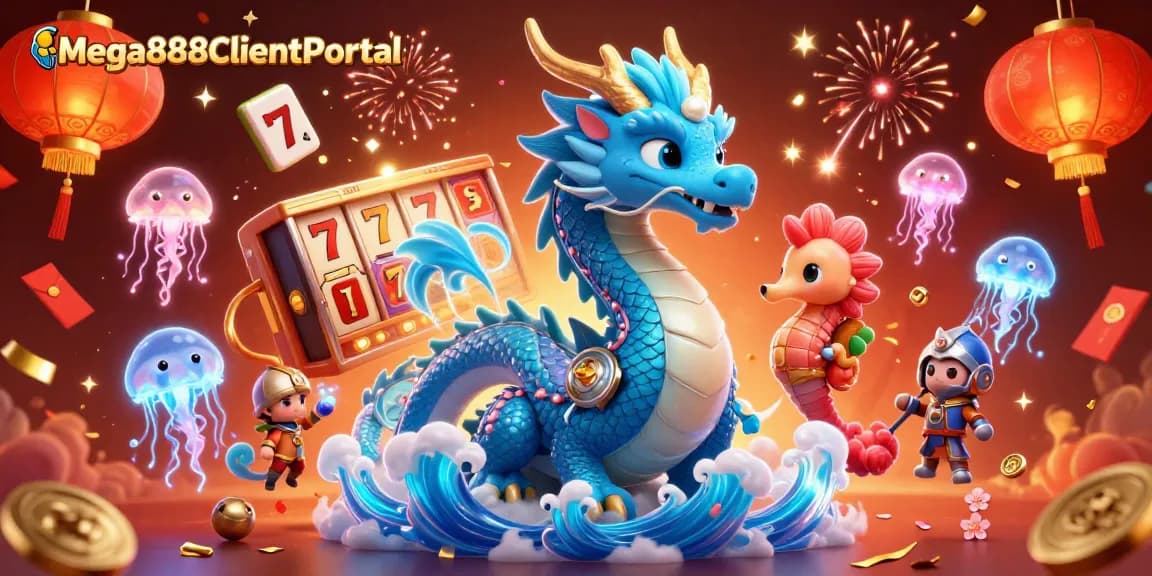 Win big at Mega888ClientPortal with a vibrant 3D illustration showcasing excitement and victory.