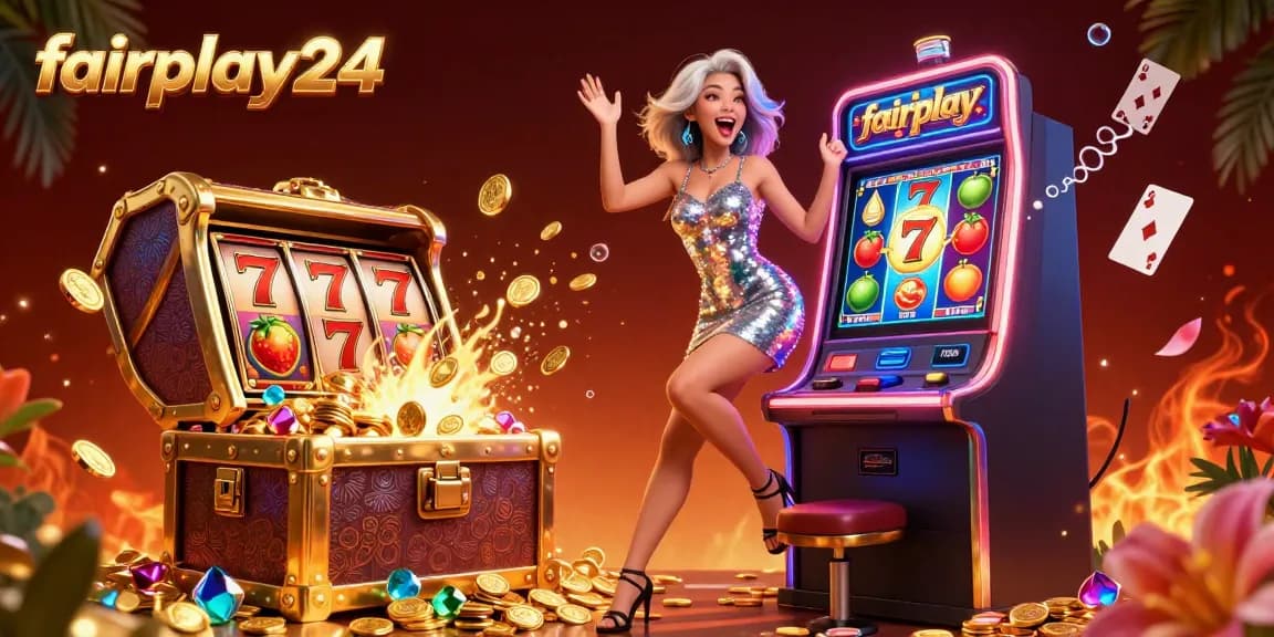 Experience epic wins at fairplay24 while celebrating a jackpot victory amidst vibrant casino elements.