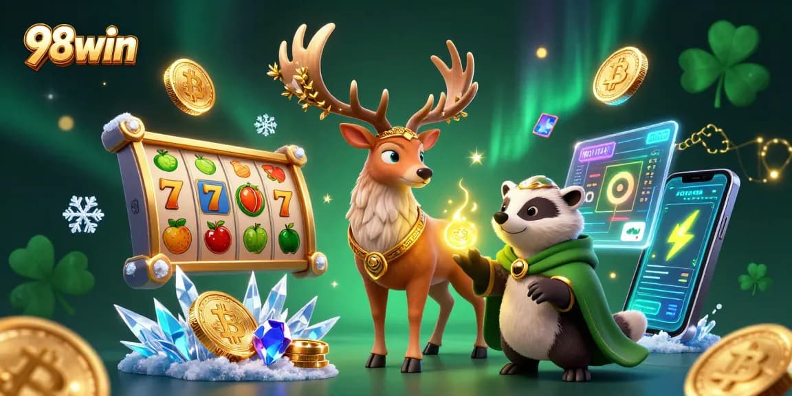 Win big with 98win in this vibrant, detailed 3D casino illustration featuring mythical creatures and slot games.