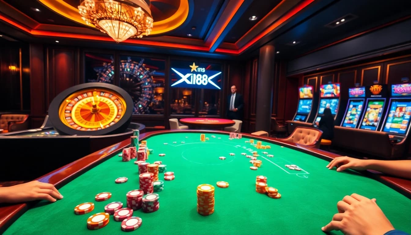 XIN88 players engaging in a thrilling poker game at a luxurious casino table.
