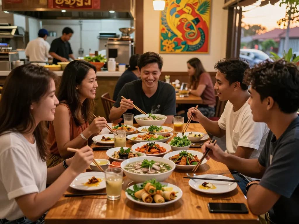 Enjoy a vibrant dining experience at https://www.saigoncafesterling.com/menus with friends sharing delicious Vietnamese dishes.