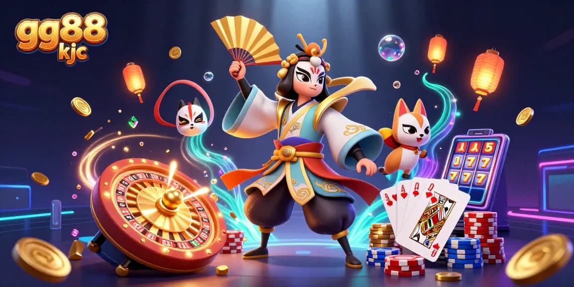 Engage with gg88 kjc in a vibrant 3D casino scene filled with golden coins, roulette, and colorful chips.