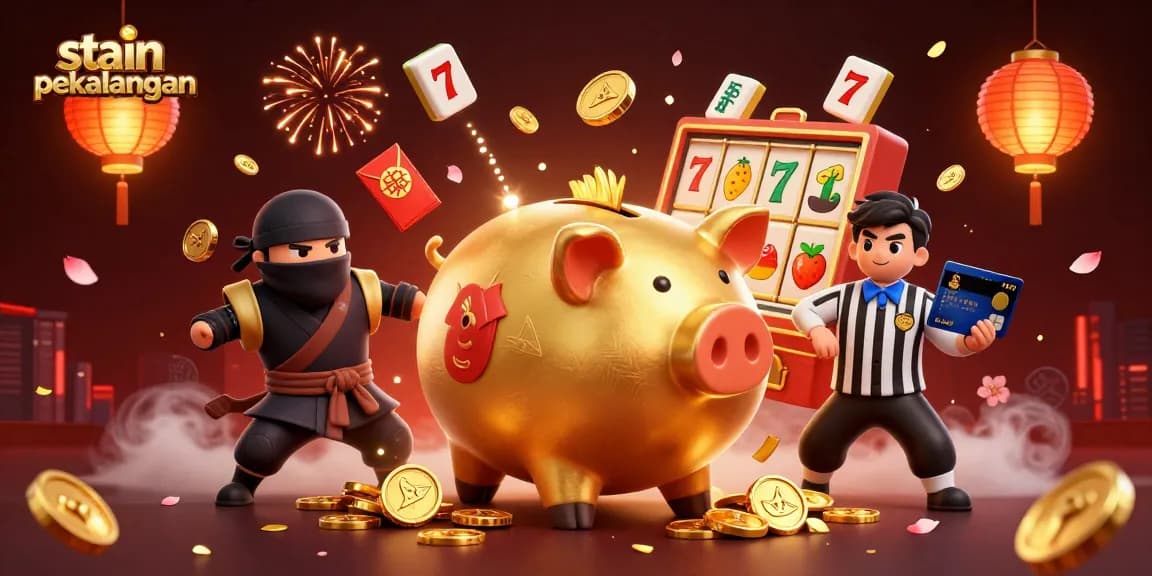 Experience the excitement of stain pekalongan with dynamic action from a sumo wrestler, wallet-ninja, and samurai in a lively casino scene.