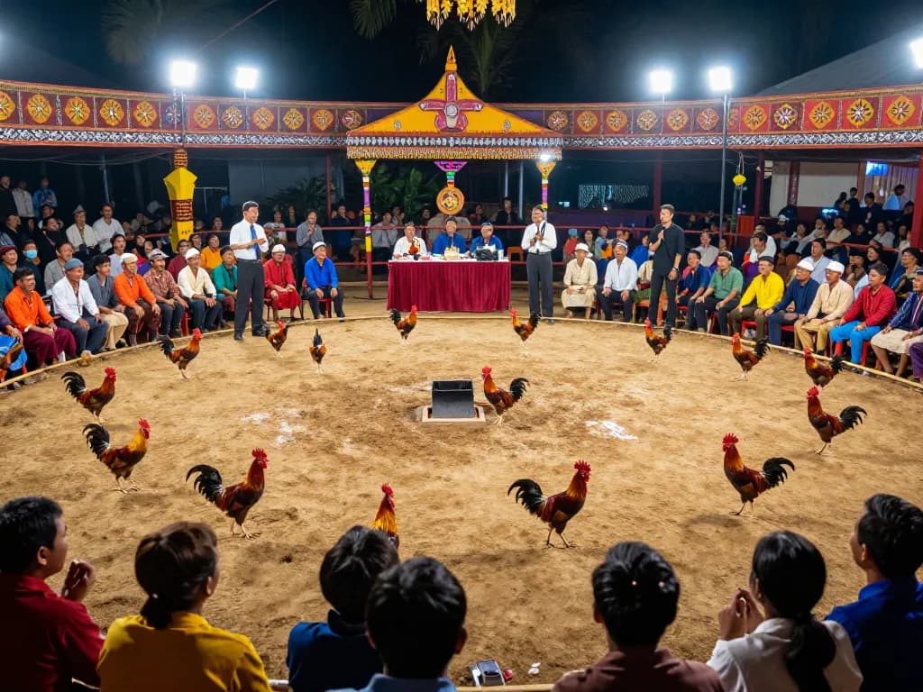 Witness the thrilling intensity of đá gà campuchia with roosters competing vigorously in a vibrant arena, as passionate spectators cheer.