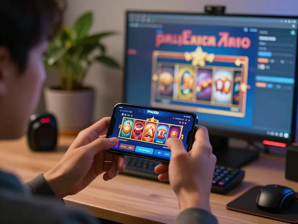 Engaging in slot pulsa gaming on a smartphone in a cozy home environment.