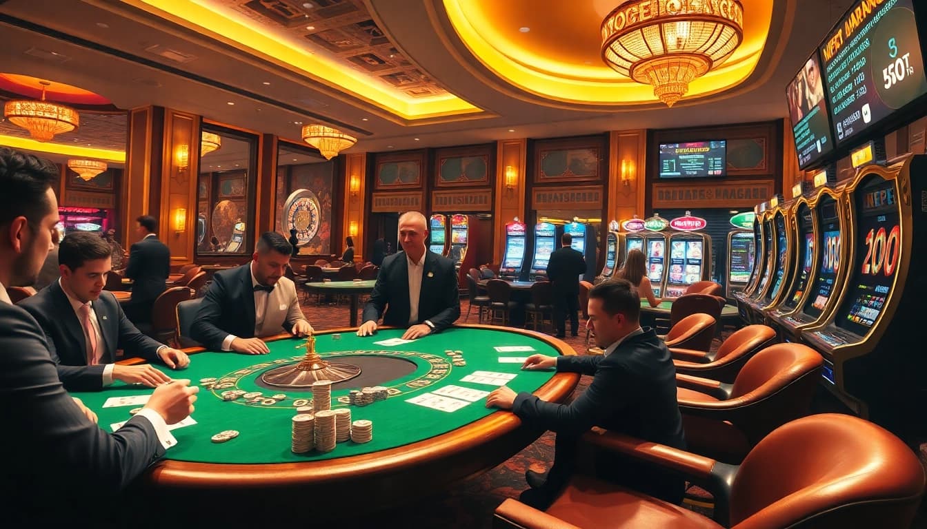 Players engaging in high-stakes poker at an elegant casino highlighting https://bem88.com for premium gaming experiences.