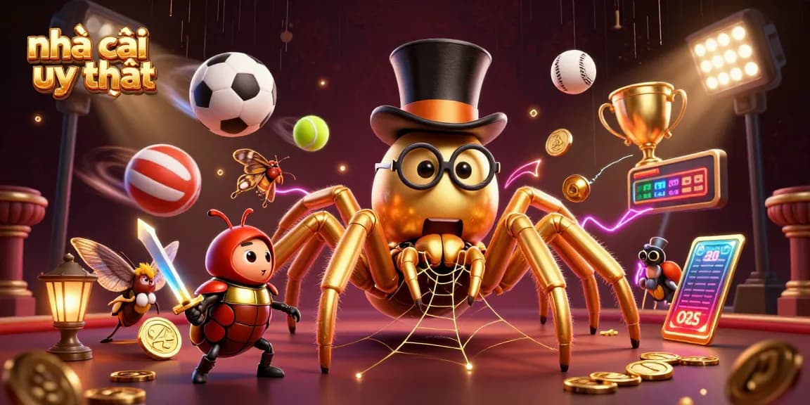 The scene illustrates a vibrant representation of nhà cái uy tín with a golden tarantula and a knight amid flying sports balls, depicting online casino excitement.