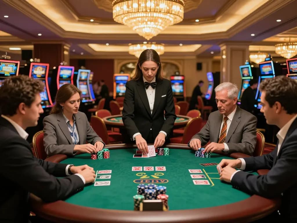 Engage in intense debet action at an upscale blackjack table with players focused on their gameplay.