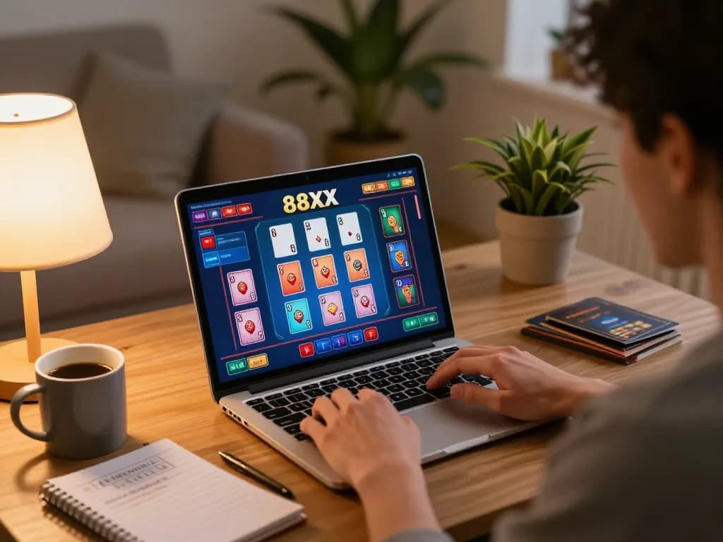 Player interacts with 88xx online casino interface, showcasing strategic gameplay in a cozy home setting