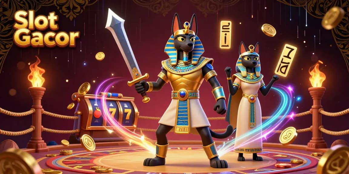 Rasakan Slot Gacor dengan karakter kuno Mesir yang dinamis terbenam dalam elemen kasino yang cerah, menerangi perjalanan permainan Anda.
