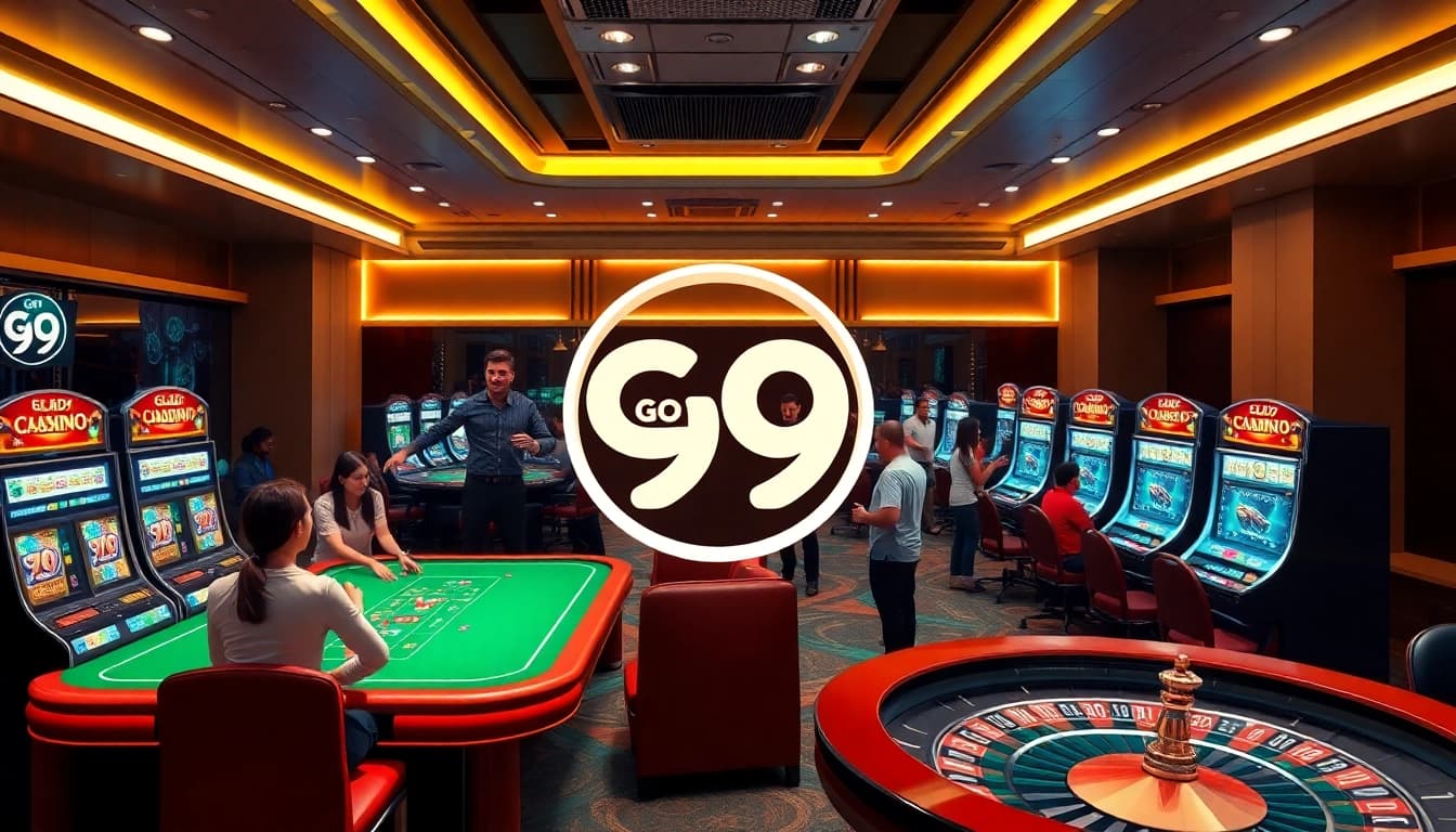 A dynamic online casino scene featuring players enjoying games on the Go 99 platform, showcasing poker chips and a roulette wheel.