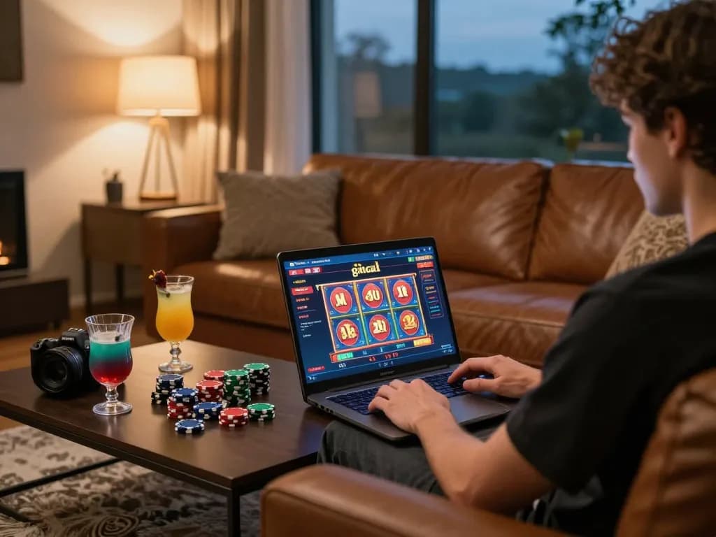 Player enjoying online slots from gincal on laptop at home, creating a cozy gaming atmosphere